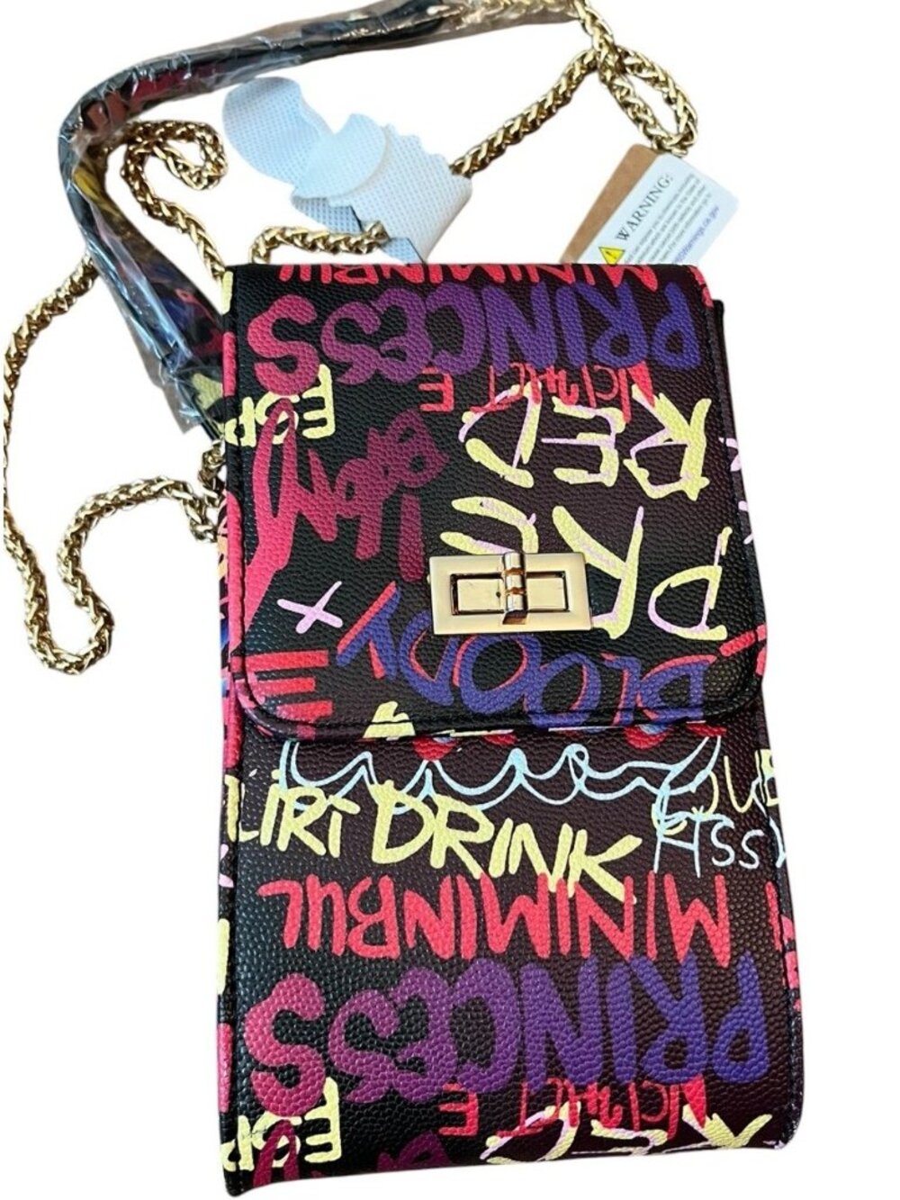 Graffiti Crossbody Small Gold Chain Faux Leather Cell Phone Purse Princess NWT